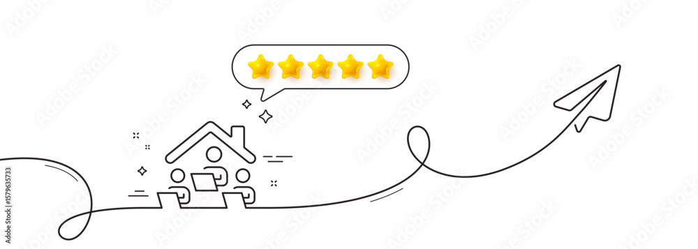 Poster work at home line icon. continuous line with share plane. teamwork sign. remote office symbol. five 