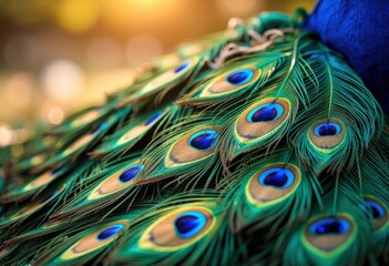 Obraz premium Vibrant peacock feathers with iridescent eye patterns and rich colors