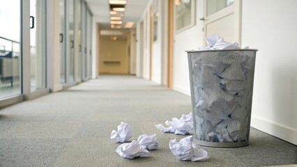 Messy Office Hallway with Trash Can Full of Crumpled Paper Waste