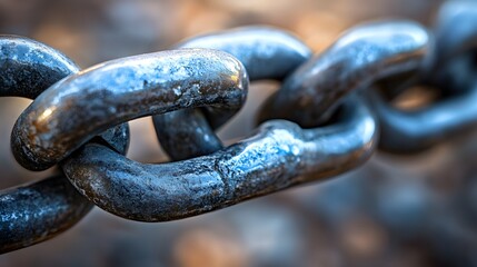 An up close macro shot captures the detail of a strong metallic chain with textured links against a blurred brown background conveying strength and connection.