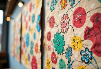 Fototapeta premium Colorful hand-painted floral artwork on fabric or paper with a blurred background