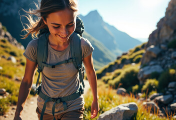 Woman hiking outdoors in a mountainous landscape with a backpack and a smile