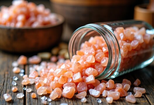 Pink Himalayan salt crystals spilling from a glass jar onto a rustic wooden surface