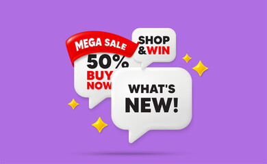 Whats new speech bubbles. Mega sale flag ribbon. Whats new tag. Special offer sign. New arrivals symbol. Discount chat bubbles with 3d sparkles. Vector