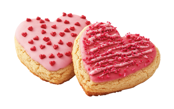 Flat vector illustration of frosted heart shaped cookies decorated with colorful icing representing sweet treats and festive desserts isolated on transparent background PNG