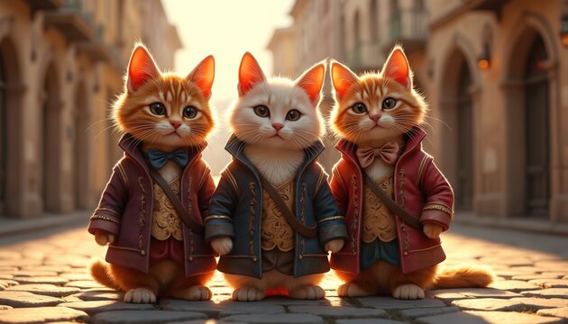 Three anthropomorphic cats dressed as musketeers stand on cobblestone street in vintage town. Feline trio sports elegant, medieval-inspired costumes with jackets, bow ties. Charming illustration