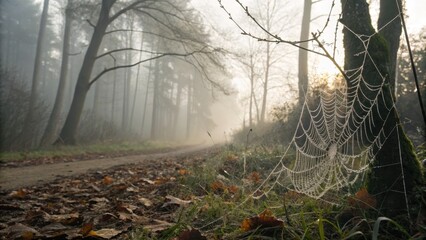 Mystical Forest Path with Dewy Spider Web in Early Morning Fog