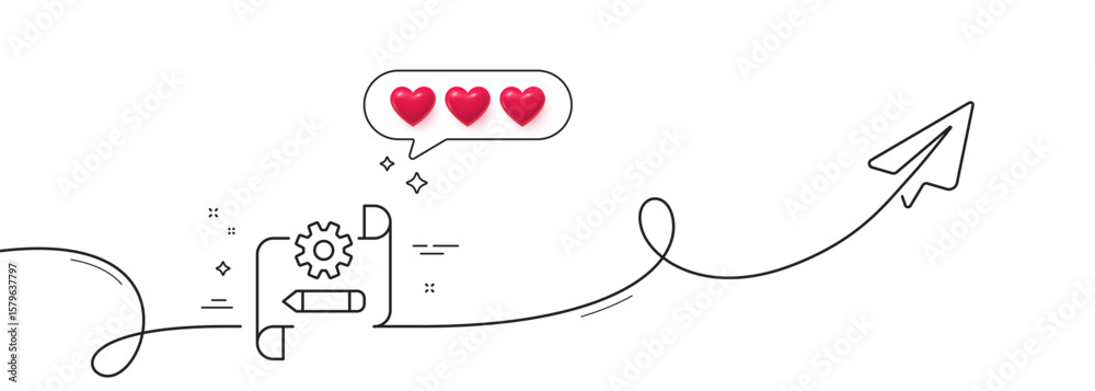 Poster cogwheel blueprint line icon. continuous line with share plane. engineering tool sign. edit settings