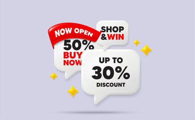 Discount tag speech bubbles. Now open flag ribbon. Up to 30 percent discount. Sale offer price sign. Special offer symbol. Save 30 percentages. Discount chat bubbles with 3d sparkles. Vector