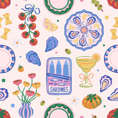 Seamless pattern of sardine tin, oysters, lemons, tomatoes, cocktail, olives, plates. Hand-drawn Mediterranean food and drink. Summer dining and seafood. Vector design for textile, wallpaper, wrapping