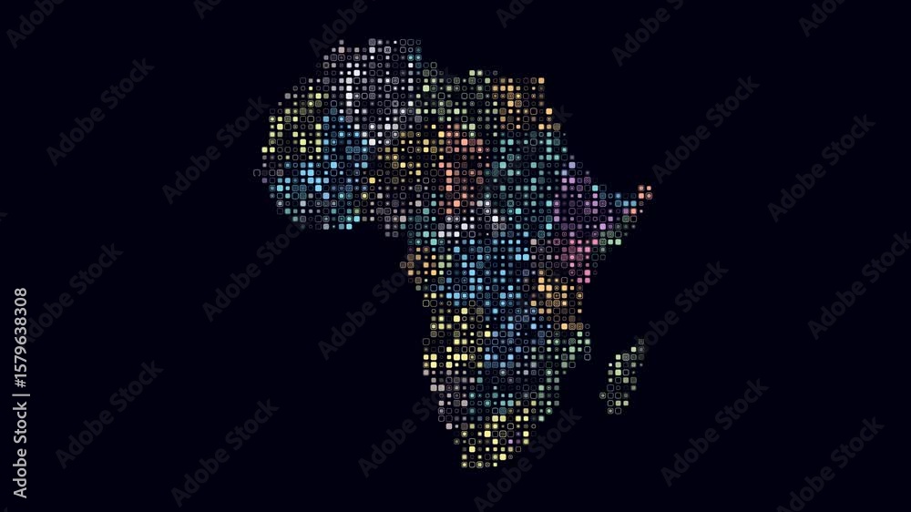 Poster africa dotted animation. shape of the continent build of pulsating colored dots. small size rounded 