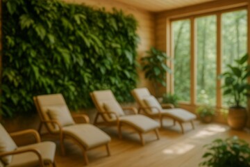 Relaxing spa interior with green living wall and comfortable lounge chairs. Serene health and wellness space immersed in natural light.