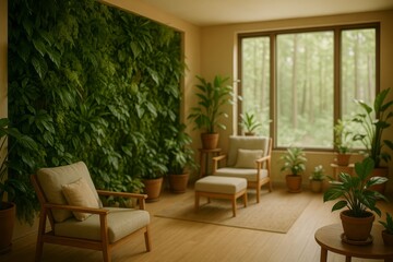 Fototapeta premium Lush indoor garden room with serene green living wall adds natural beauty. Potted plants and comfortable chairs create a calming, biophilic oasis indoors.