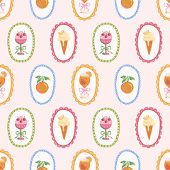 Seamless pattern of orange fruit, ice cream cone, dessert glass with cherries, and citrus cocktail in oval frames. Summer desserts. Hand drawn vector design for textile, wallpaper, wrapping paper