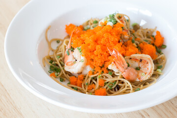 Asian style ebiko spaghetti with fresh prawn