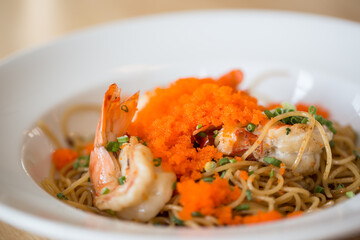 Asian style ebiko spaghetti with fresh prawn