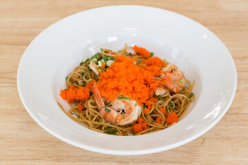 Asian style ebiko spaghetti with fresh prawn