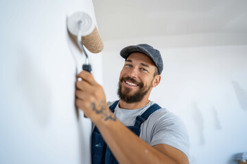 A painter smiling while using a paint roller on a wall during a renovation project