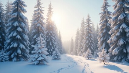 Fototapeta premium Snowy forest path with tall trees covered in snow and bright sunlight shining through the branches