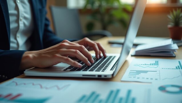 Person typing on a laptop with financial charts on a desk in a bright office environment setting