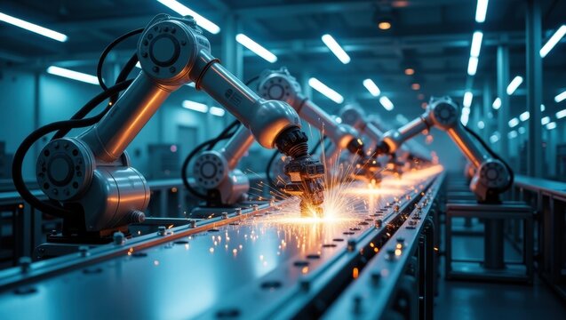 Automated robotic arms welding metal on a conveyor belt in a futuristic industrial factory setting