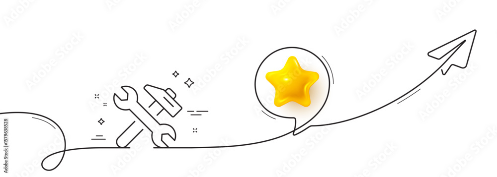 Poster repair line icon. continuous line with share plane. fix service sign. wrench and hammer tool symbol.