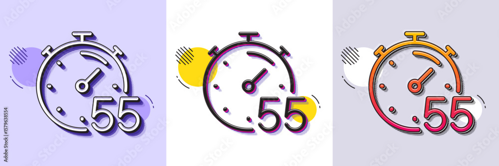 Poster timer 55 minutes line icon. halftone dotted pattern. gradient icon with grain shadow. stopwatch time