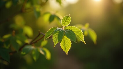 Close up of vibrant green leaves illuminated by sunlight on a blurred background in nature view