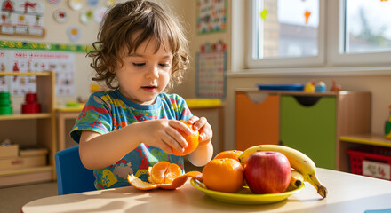 Fototapeta premium Child Peeling Orange with Fresh Fruits at Table in Bright Preschool Classroom, Emphasizing Healthy Eating and Early Learning