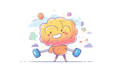 Clean vector image of a strong cartoon brain exercising with dumbbells ideal for creativity motivation and educational wellness visuals isolated on transparent background PNG