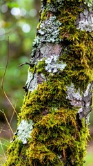 Close Up View of Tree Trunk Covered in Moss and Lichen in Forest