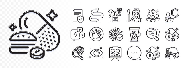 Medical staff, Vision board and Insurance policy line icons for web app. Glare of light effect. Message icon. Pack of Vitamin n, Alcohol addiction, Coronavirus research pictogram icons. Vector