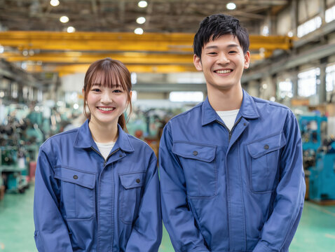 作業服を着て工場で笑顔を見せる若い男女作業員のポートレート