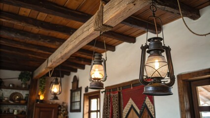 Rustic Interior with Vintage Lanterns Hanging from Wooden Beams