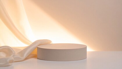 Elegant Beige Podium with Fabric Drape for Product Display and Showcase