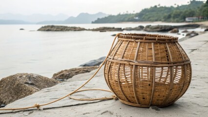 Rustic Woven Basket on Shoreline with Calm Water and Mountains