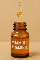 Essential vitamins D3 and K2 combine for enhanced health. Golden liquid drops signify purity and vital nutrition.