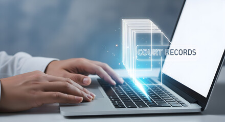 Hands Typing on a Laptop with a Holographic Projection of "Court Records" Representing Digital Legal Documentation and Archives