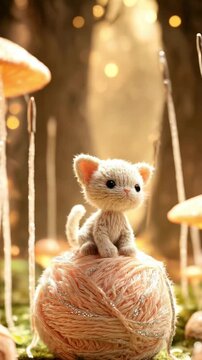 Adorable knitted kitten sitting on a ball of yarn in an enchanted forest with glowing mushrooms and soft bokeh light