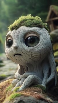Adorable Moss-Covered Forest Creature with Giant Eyes Sitting Peacefully on a Log in a Magical Woodland Setting