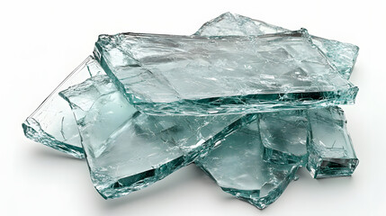 Close-Up of Large Transparent Shards of Broken Tempered Glass with Sharp Edges and Clear Texture