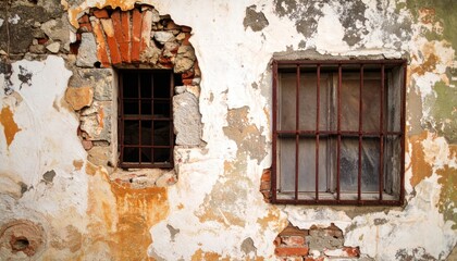 Exterior Brick Wall with Two Windows and Metal Bars in Weathered Texture