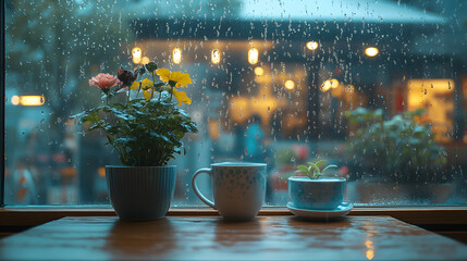 Cozy indoor scene with coffee mugs and potted flowers on a wooden table by a rain-covered window in a warmly lit cafe ambiance