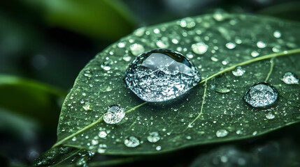 Crystal Clear Water Droplets on Vibrant Green Leaf Reflecting Natural Light in Extreme Close-Up