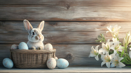 Cute white Easter bunny sitting in a woven basket with pastel painted eggs and white lilies against rustic wooden wall decor