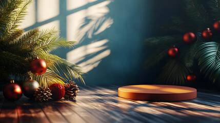 Festive Christmas Scene with Red and Gold Baubles, Pine Cones, and Evergreen Branches Illuminated by Warm Window Light