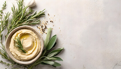 Flat Lay of Creamy Hummus with Olive Oil in Ceramic Bowl Surrounded by Fresh Rosemary Sage and Garlic