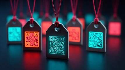 Qr code tags glowing bright neon colors modern technology digital information quick response code marketing tool