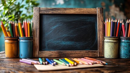 Colorful Pencils And Blank Chalkboard On Rustic Wooden Table And Other Supplies For Creative Work Or Art Project On Old Wood Surface And Background For Stationery And School Supplies Design