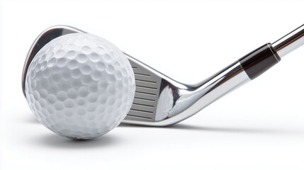 A close-up of a golf ball with a club on a pure white background